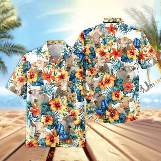 Unique Charolais Colorful Summer Flowers and Leaves Hawaiian Shirt