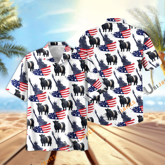 Uni Belted Galloway US Flag and Liberty Pattern Hawaiian Shirt