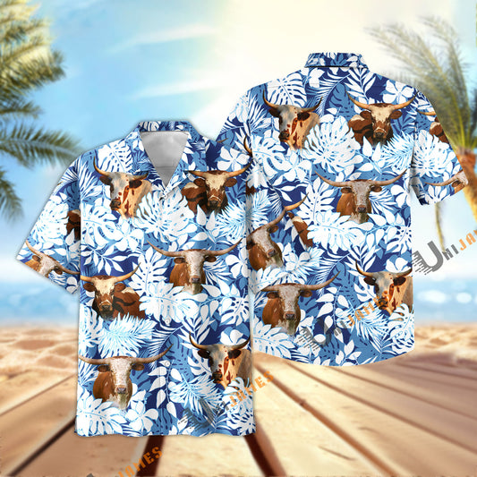 Unique Texas Longhorn Blue Summer Pattern Hawaiian Shirt