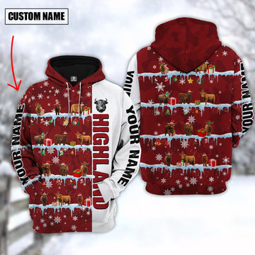 Uni Personalized Name Highland Cattle Christmas 3D Hoodie