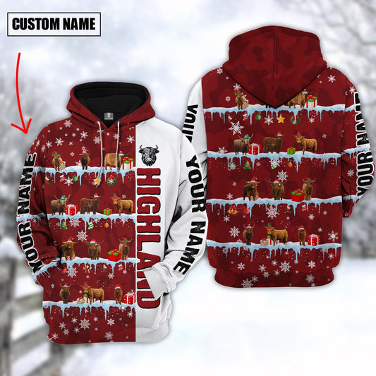Uni Personalized Name Highland Cattle Christmas 3D Hoodie