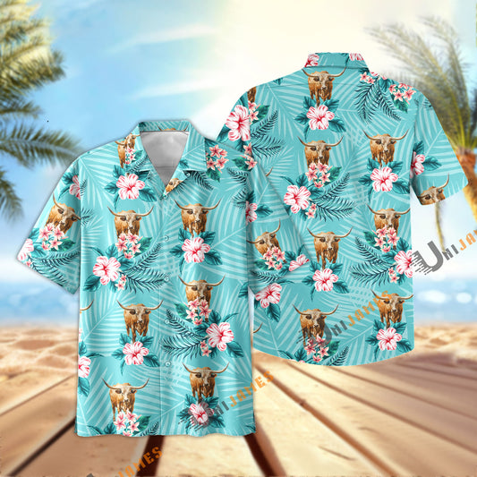 Uni Texas Longhorn Aloha Cyan Color Hawaiian Shirt