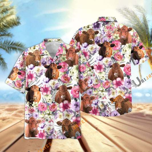 Unique Red Angus Seamless Floral Pattern 3D Hawaiian Shirt