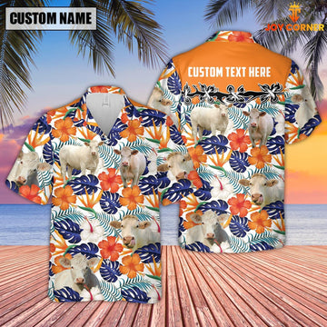 Unique Charolais No Horn Hibiscus Blue Floral Custom Name 3D Hawaiian Shirt