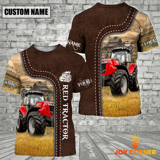 Uni Red Tractor Farm Custom Name Leather Pattern T-Shirt