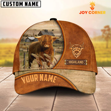 Uni Custom Name Highland Cattle Leather Pattern Cap TT1