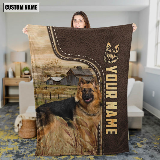 Uni Personalized Name German Shepherd Leather Pattern Blanket