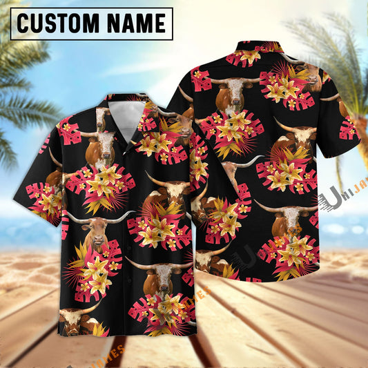 Unique Texas Longhorn Black Red Flowers Pattern Hawaiian Shirt