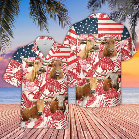 Unique Texas Longhorn Red Floral US Flag 3D Hawaiian Shirt