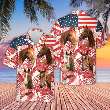 Unique Horse Red Floral US Flag 3D Hawaiian Shirt