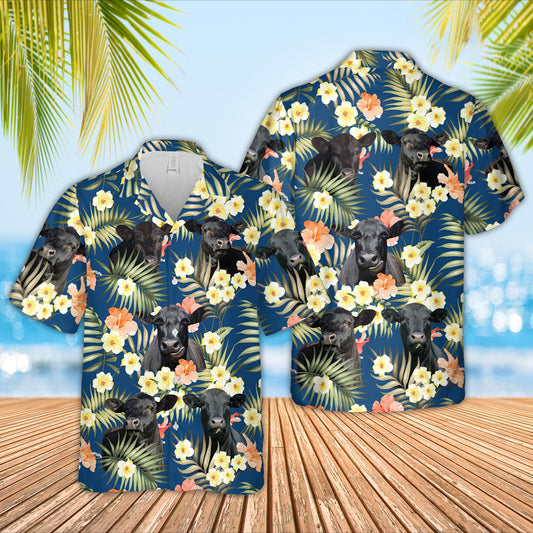 Unique Black Angus Summer Blue Floral 3D Hawaiian Shirt