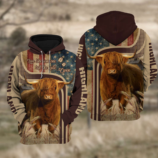 Uni Highland Cattle US Flag All Over Printed 3D Cattle Hoodie TT1