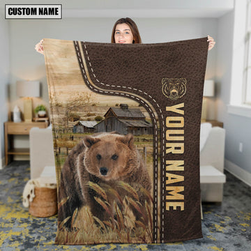 Uni Personalized Name Bear Leather Pattern Blanket