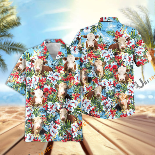 Unique Hereford Red and White Flowers 3D Hawaiian Shirt