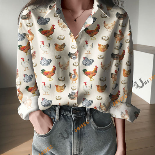 Unique Watercolor Allover Chicken Farm Pattern Casual Shirt