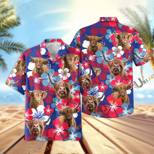 Unique Highland Flower Blue Red 3D Hawaiian Shirt