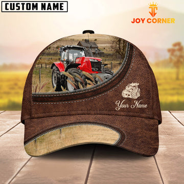 Uni Red Tractor On The Farm Customized Name Leather Pattern Cap