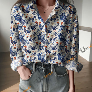 Unique Blue Chickens on White Pattern Casual Shirt