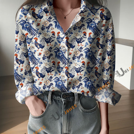 Unique Blue Chickens on White Pattern Casual Shirt