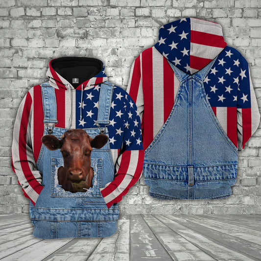 Uni Shorthorn Cattle US Flag Farm Personalized 3D Hoodie