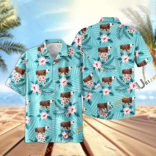 Uni Hereford Aloha Cyan Color Hawaiian Shirt
