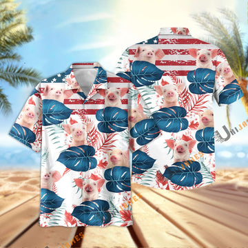 Uni Pig US Flag Flower Hawaiian Shirt