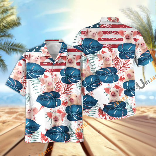 Uni Pig US Flag Flower Hawaiian Shirt