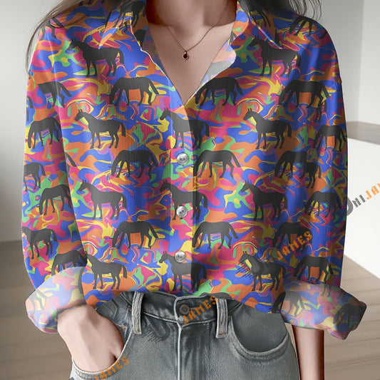 Unique Elegant Black Horses on Rainbow Casual Shirt