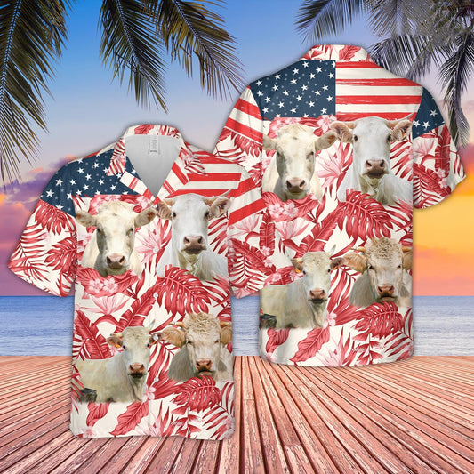 Unique Charolais Red Floral US Flag 3D Hawaiian Shirt