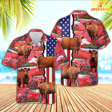 Unique Red Angus American Flag Farming 3D Hawaiian Shirt