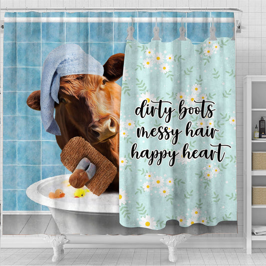 Uni Red Angus Dirty Boots, Messy Hair, Happy Heart  3D Shower Curtain