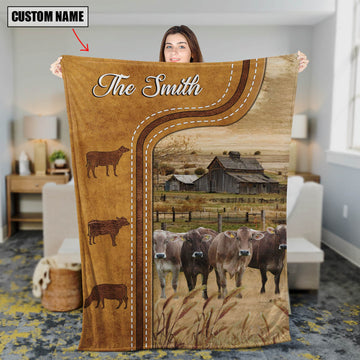 Uni Personalized Brown Swiss Cattle In Field Farmhouse Blanket