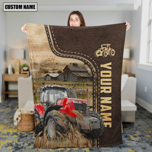Uni Personalized Name Red Tractor Leather Pattern Blanket