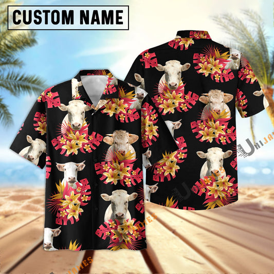 Unique Charolais Black Red Flowers Pattern Hawaiian Shirt