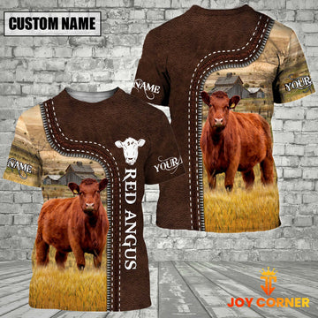 Uni Red Angus Farm Custom Name Leather Pattern T-Shirt