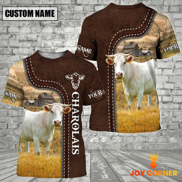 Uni Charolais Farm Custom Name Leather Pattern T-Shirt