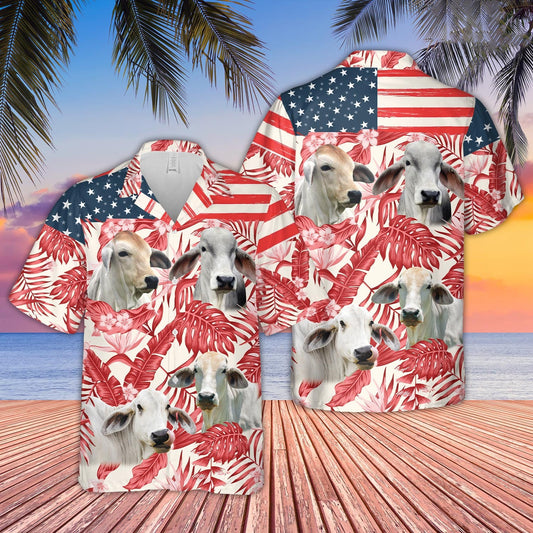 Unique Brahman Red Floral US Flag 3D Hawaiian Shirt