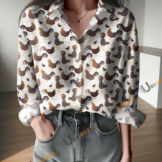 Unique Whimsical Farm Chickens and Chicks Pattern Casual Shirt