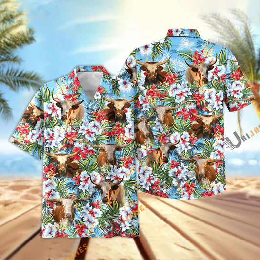 Unique Texas Longhorn Red and White Flowers 3D Hawaiian Shirt