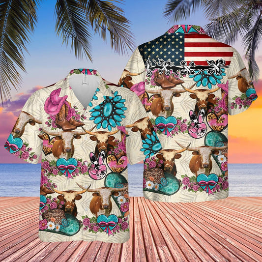 Unique Texas Longhorn Happiness Flowers 3D Hawaiian Shirt