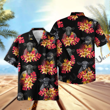 Unique Black Angus Black Red Flowers Pattern Hawaiian Shirt