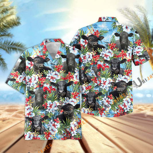 Unique Black Angus Red and White Flowers 3D Hawaiian Shirt