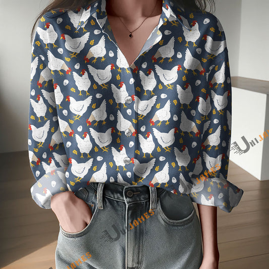 Unique Chickens and Eggs on Navy Blue Pattern Casual Shirt