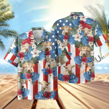 Uni Charolais US Flag Vintage 3D Hawaiian Shirt