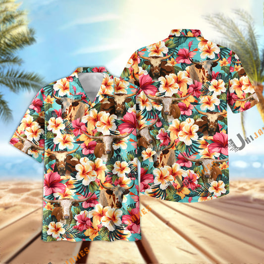 Unique Texas Longhorn Tropical Flower Pattern Seamless Hawaiian Shirt