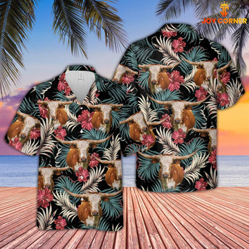 Uni Texas Longhorn Dark Red Flowers Pattern Hawaiian Shirt