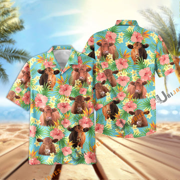 Uni Red Angus Tropical Plants Leaves 3D Hawaiian Shirt