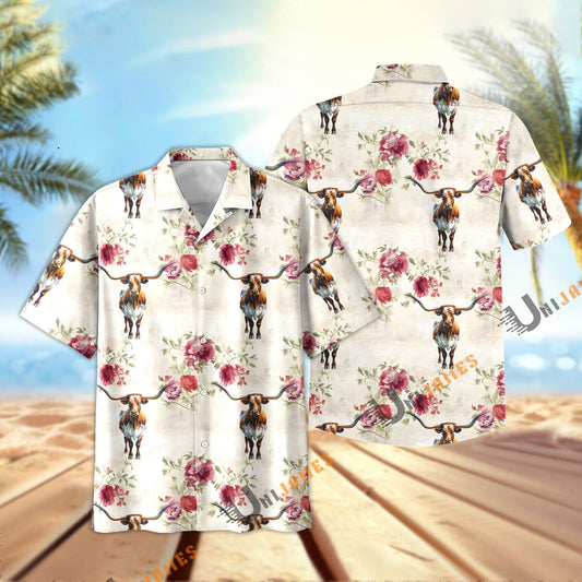 Unique Texas Longhorn Floral Vintage Pattern Hawaiian Shirt