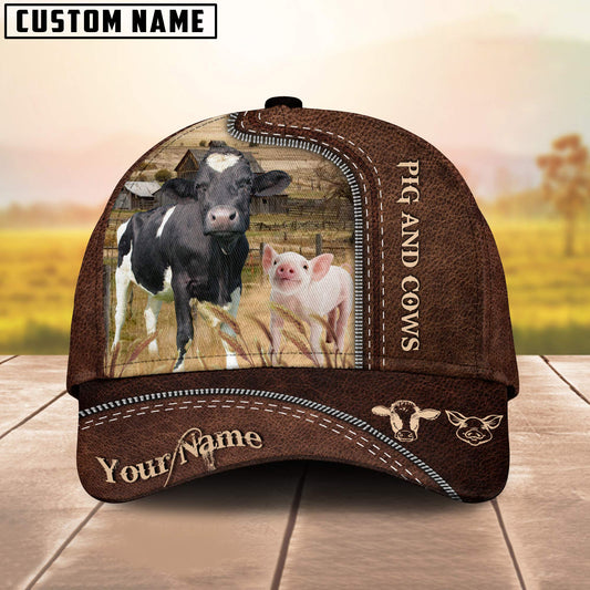 Uni Pig and Cows Customized Name Leather Pattern Cap