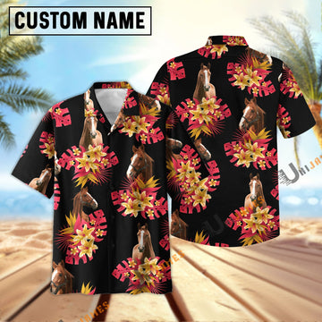 Unique Horse Black Red Flowers Pattern Hawaiian Shirt